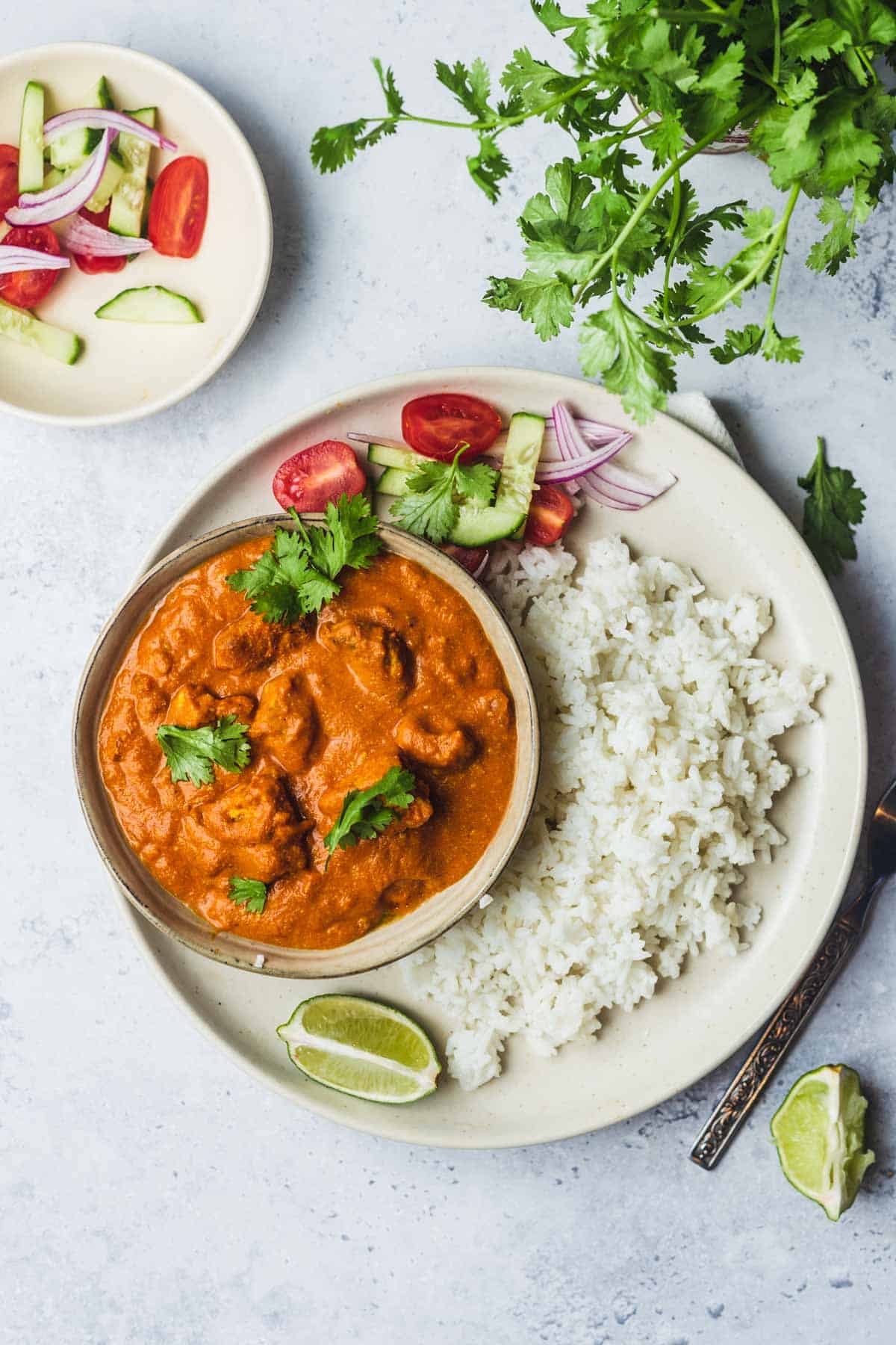 Overhead view of a plate of rice with a bowl of tofu butter chicken alongside garnishes.