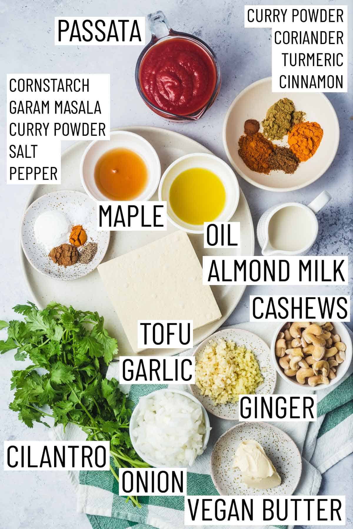 Ingredients needed to make vegan butter chicken.