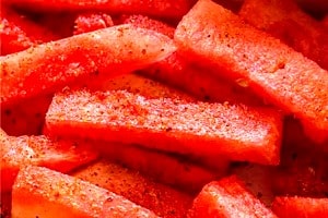 Pinterest graphic of close up of watermelon sticks.