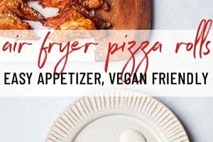 Pinterest graphic of a serving board of air fryer pizza rolls with a plate of them beside it.