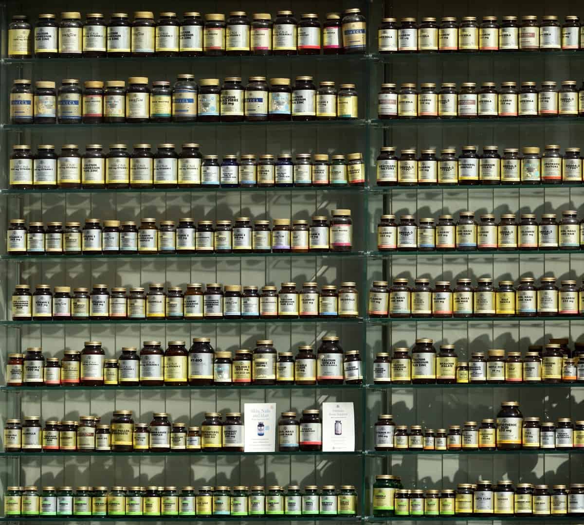 A wall of arbonne supplements. 