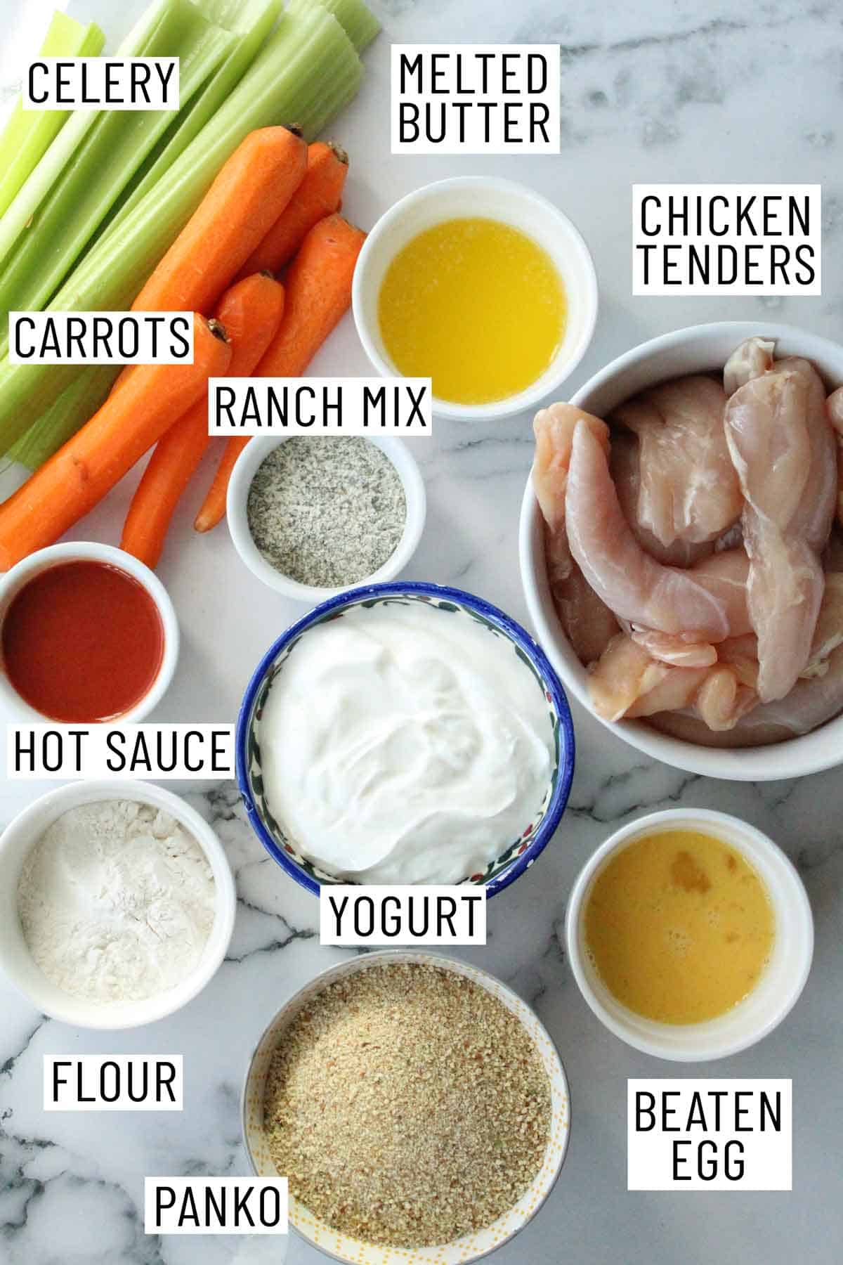 Ingredients needed for buffalo chicken strips.