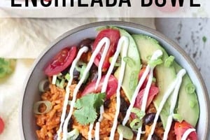 Pinterest graphic of a bowl of enchilada rice and beans.