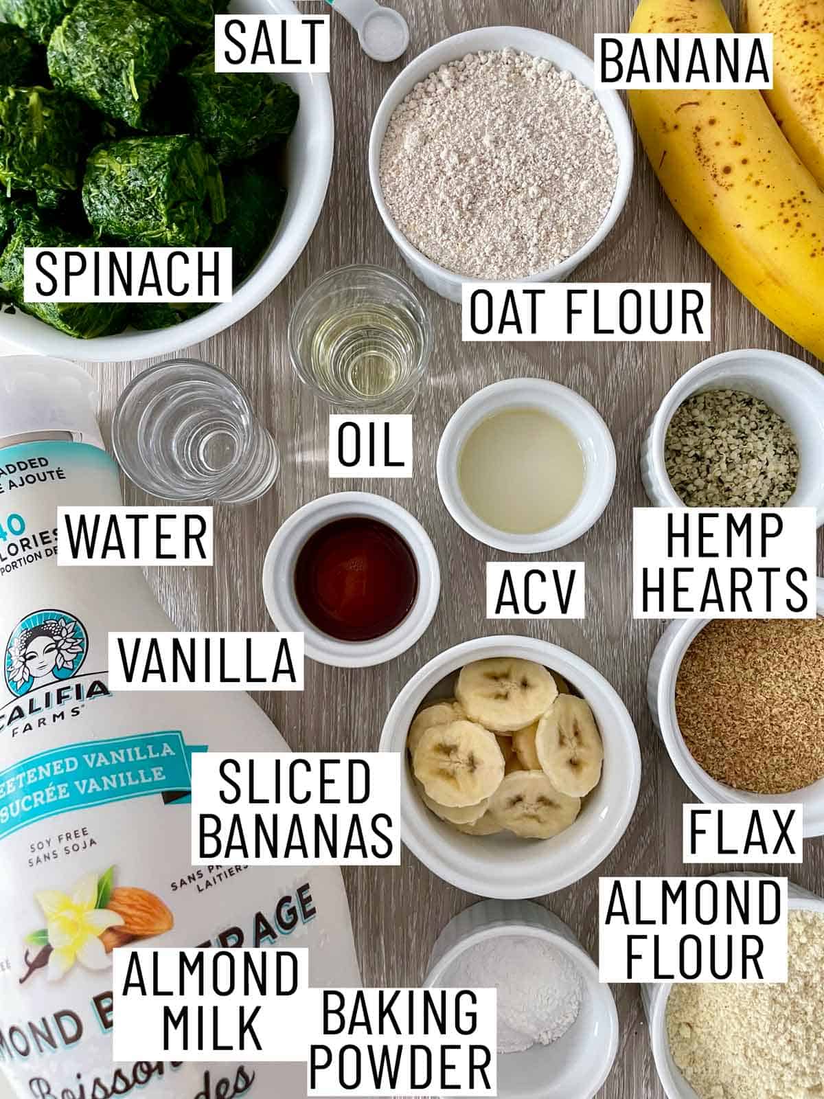 Ingredients needed to make spinach muffins.