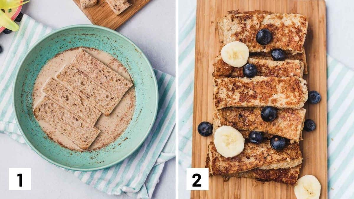Set of two photos showing bread being soaked and then the finished recipe with fruit on top.