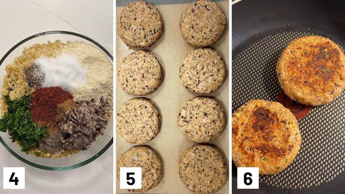 Set of three photos showing patty ingredients in a bowl, formed into a patty, and then cooked in a skillet.