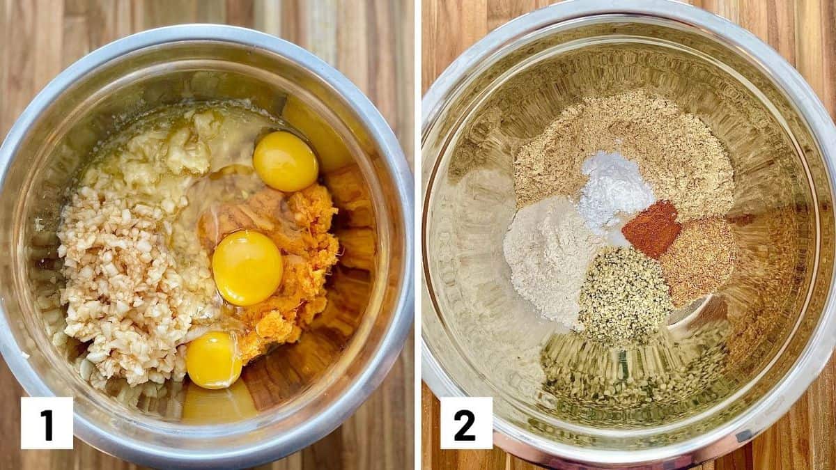 Set of two photos showing wet ingredients mixed in a bowl and dry ingredients mixed in another.