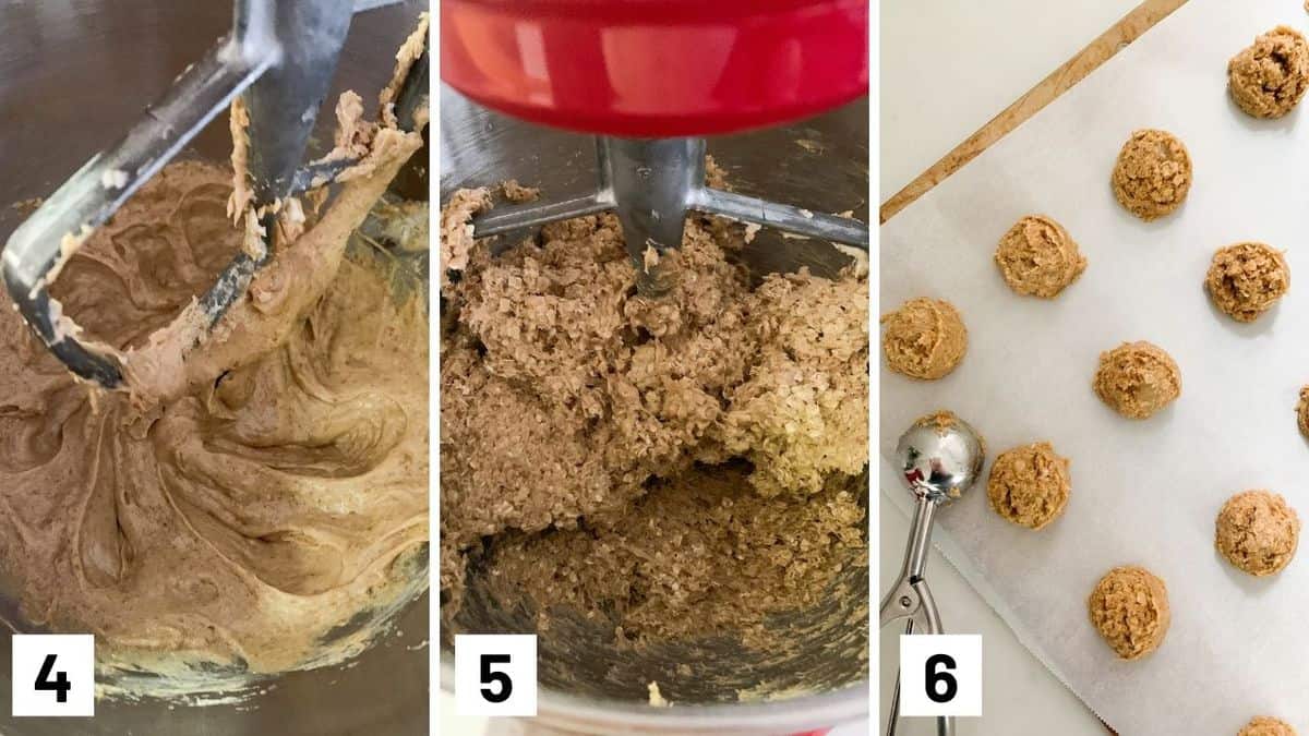 Set of three photos showing the vegan butter being beat and then mixed with the dry ingredients and formed into round balls.