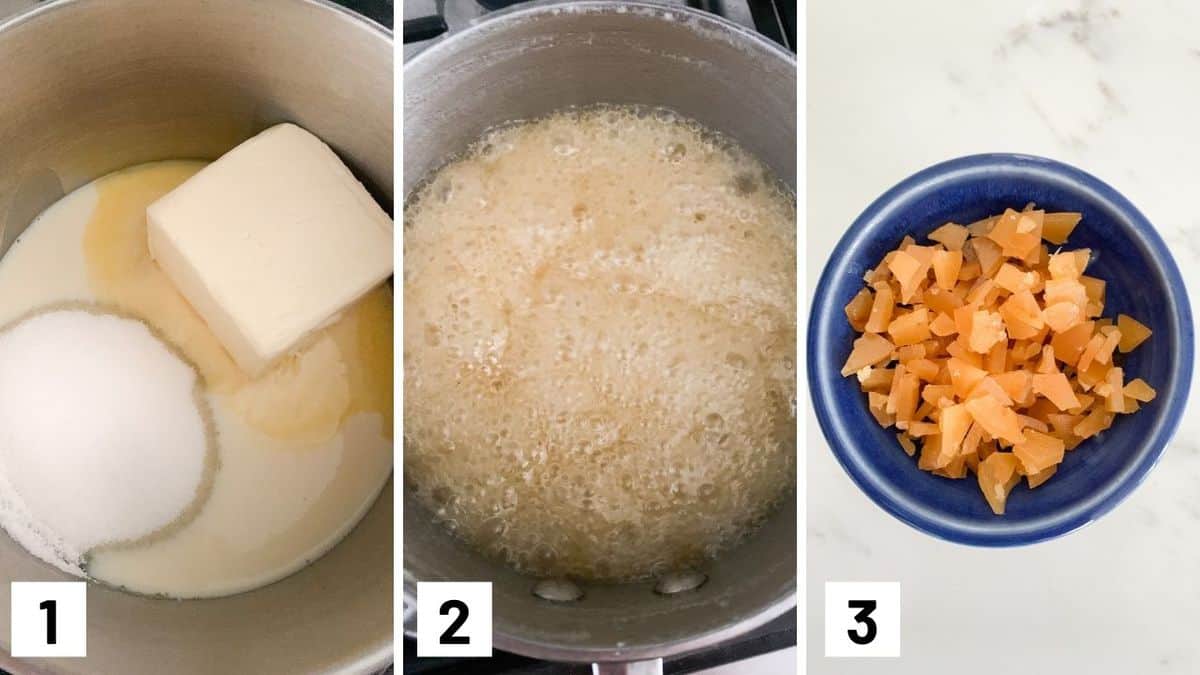 Set of three photos showing vegan butter, sugar, maple syrup, soy milk, and salt in a pan, simmered, then cracked into a bowl.