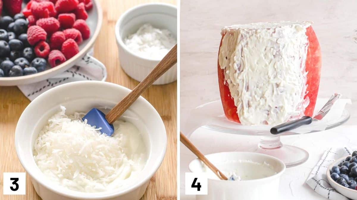 Set of two photos showing yogurt mixed with shredded coconut and then spread on to the fruit on a serving platter.