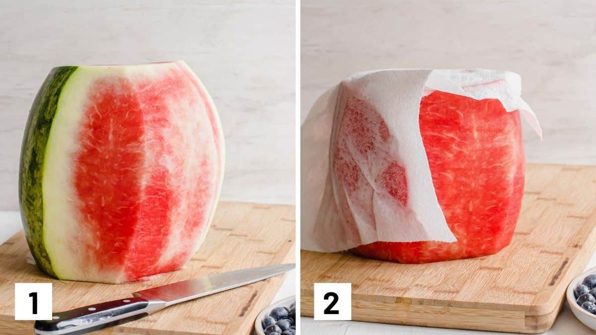 Set of two photos showing a watermelon with the skin cut off and then patted dry with a paper towel.