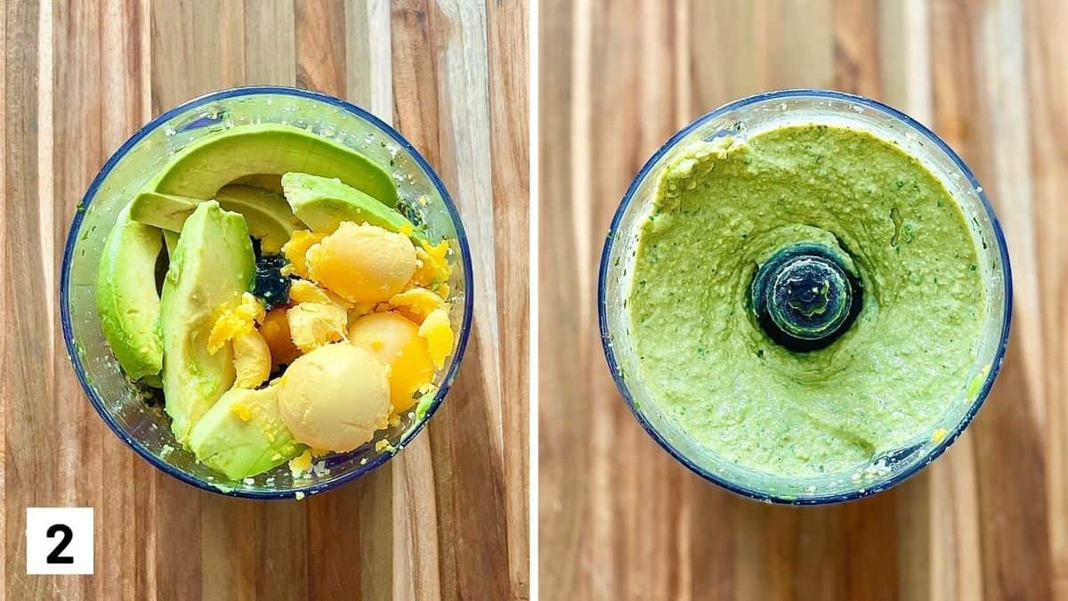 Set of two photos of avocado and yolks before and after being blended in the food processor.