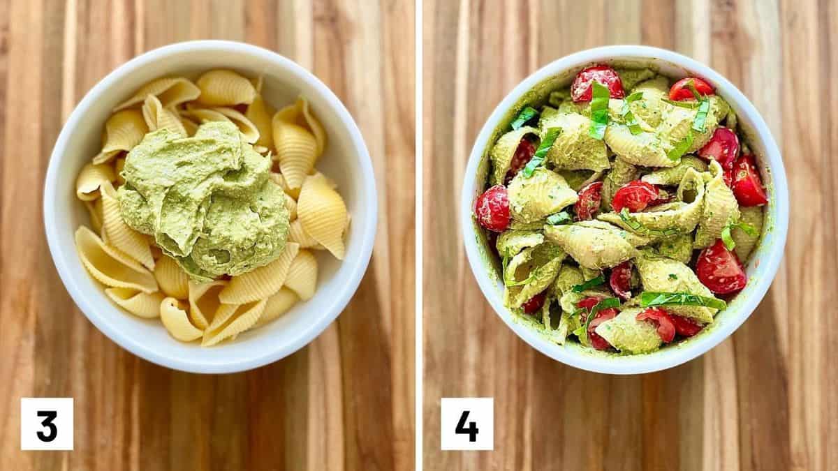 Set of two photos of the avocado pesto added to pasta and then topped with tomatoes and basil.