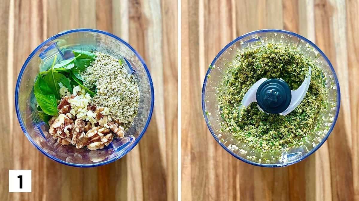 Set of two photos showing walnuts, garlic, hemp hearts, and basil before and after being pulsed in a food processor.