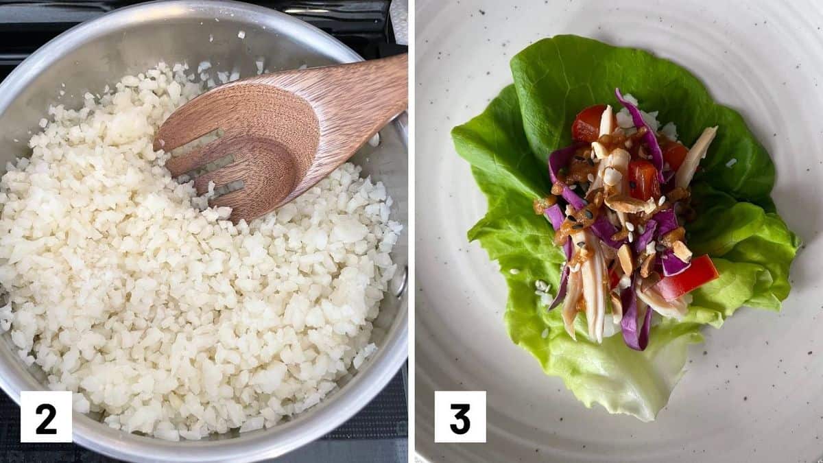 Set of two photos of cauliflower rice being cooked and a lettuce wrap assembled.