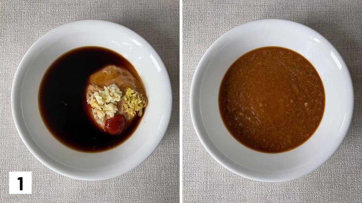 Set of two photos showing the before and after of mixing the peanut sauce.