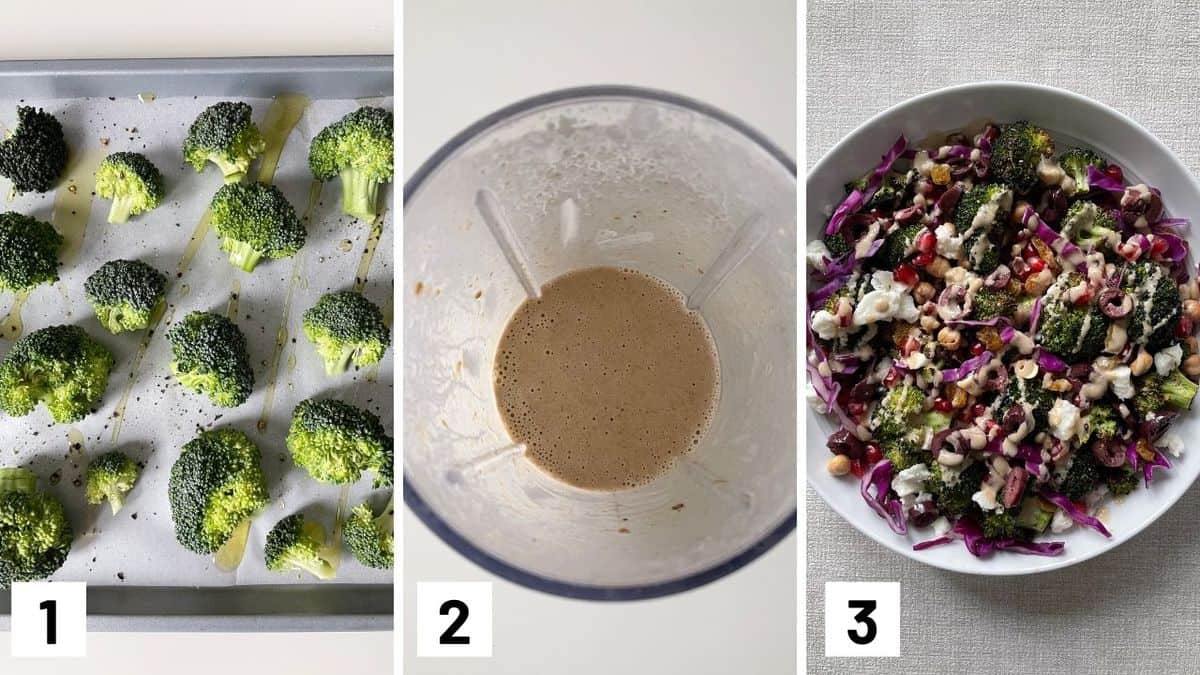 Set of three photos of broccoli being coated with olive oil on a sheet pan, dressing being made, and salad being put together.