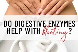 Pinterest graphic of pills and a hand holding a stomach with the text overlay "do digestive enzymes help with bloating?"