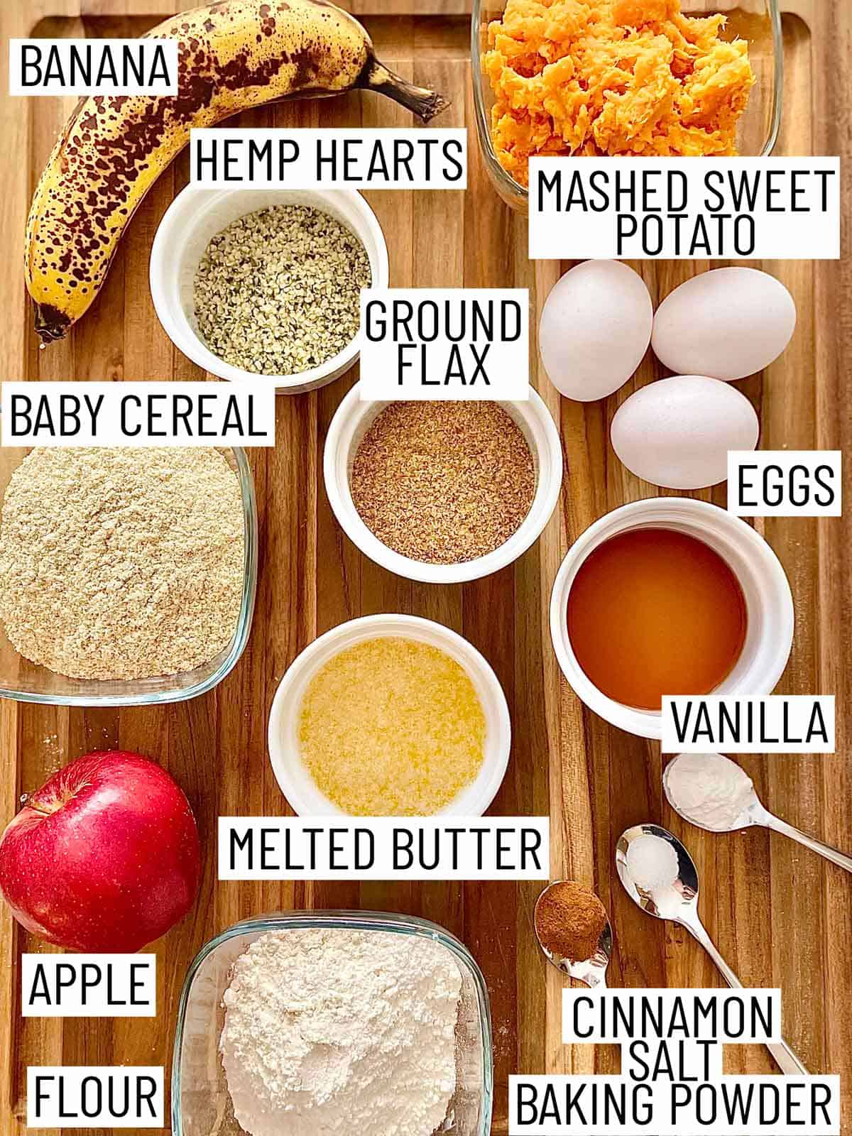 Ingredients needed to make sweet potato muffins.