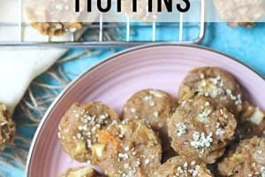 Pinterest graphic of a plate of muffins with the overlay text "sweet potato muffins."