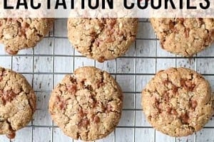 Pinterest graphic of a cooling rack of cookies with the text overlay "salted toffee lactation cookies."