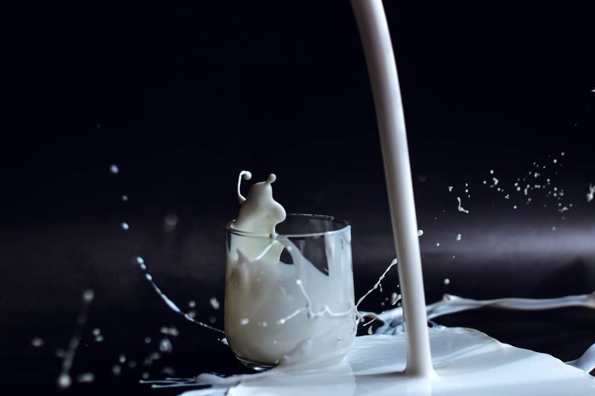 Milk being poured into a small glass.