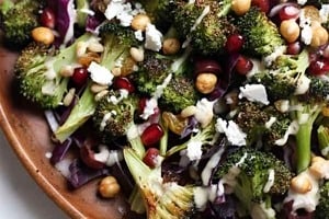 Pinterest graphic of a plate of roasted broccoli salad.