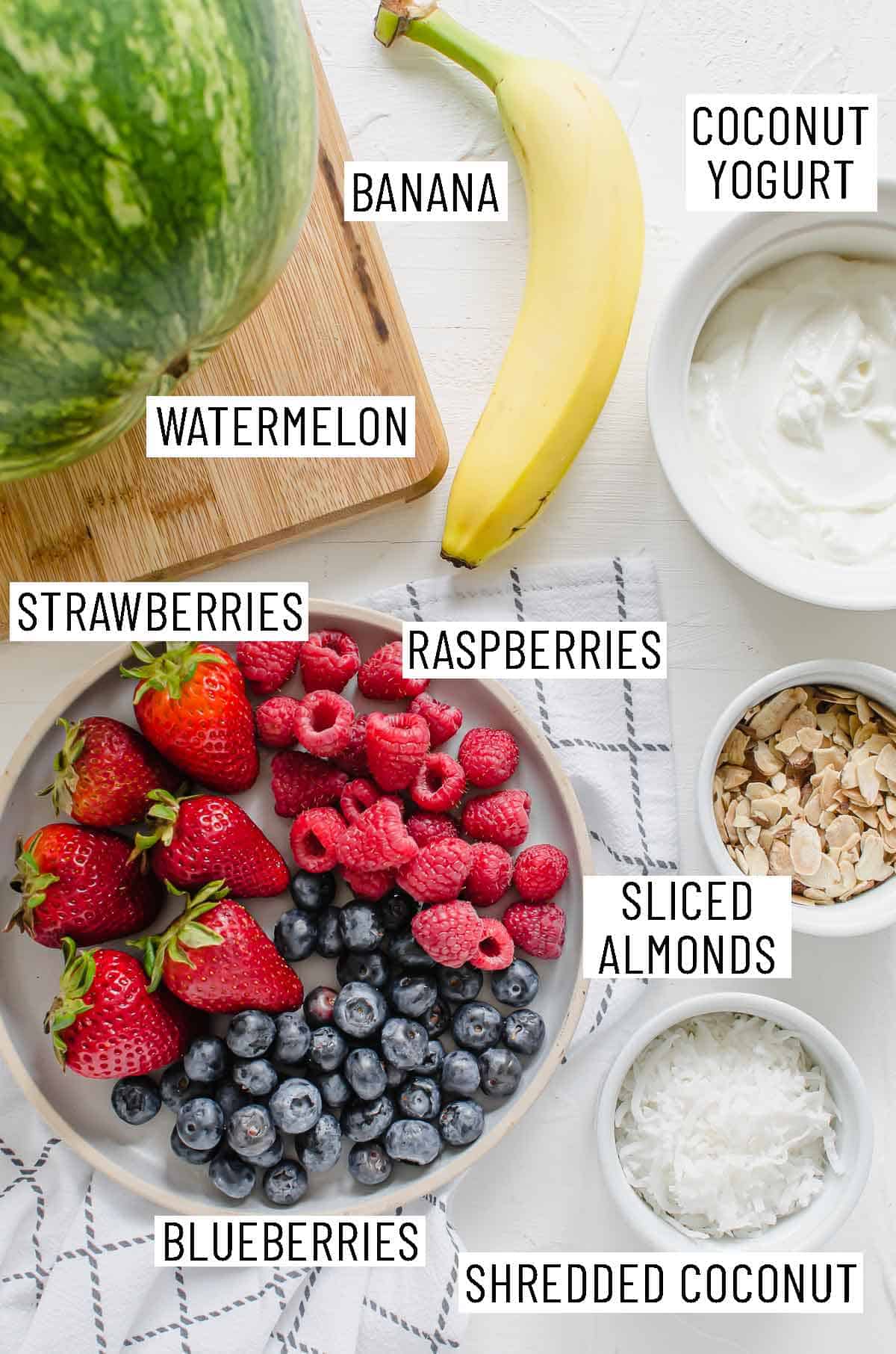 Ingredients needed to make a watermelon cake.