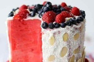 Pinterest graphic of a watermelon cake.