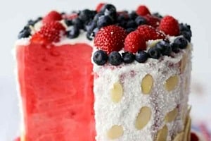 Pinterest graphic of a watermelon cake.