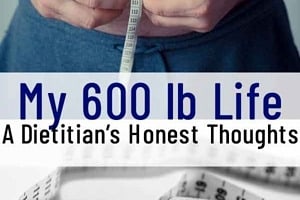 Pinterest graphic of a measuring tape and a stomach being measured with text overlay "my 600lb life, a dietitian's honest thoughts."