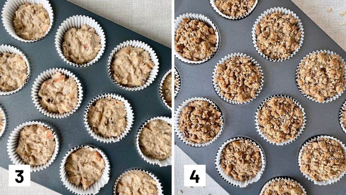 Set of two photos showing batter added to a muffin tin and then baked and topped with strudel.