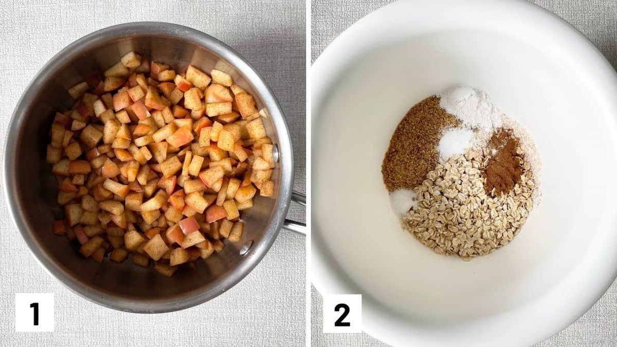 Set of two photos showing apples being cooked in a sauce pan and the dry ingredients for the muffins in a bowl.