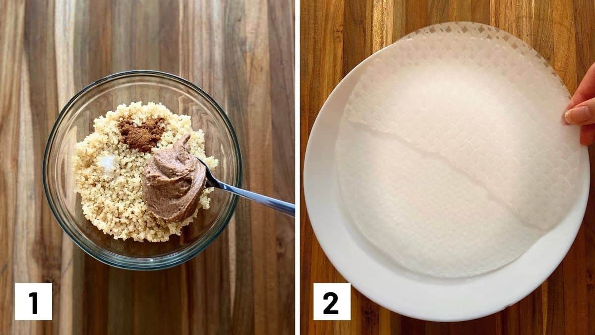 Set of two photos showing quinoa being mixed with nut butter and seasonings and rice paper being soaked with water.