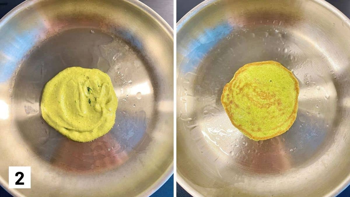 Set of two photos showing batter added to a greased pan and then cooked and flipped.