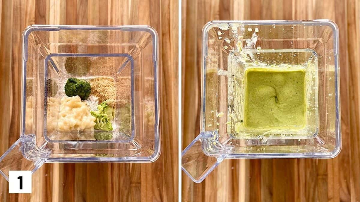 Set of two photos showing batter ingredients added to a blender and mixed.