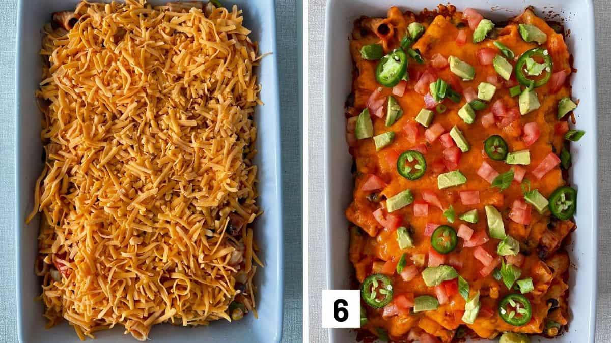 Set of two photos showing shredded cheese added to the top of the casserole dish and then baked and topped with avocado and jalapeños.