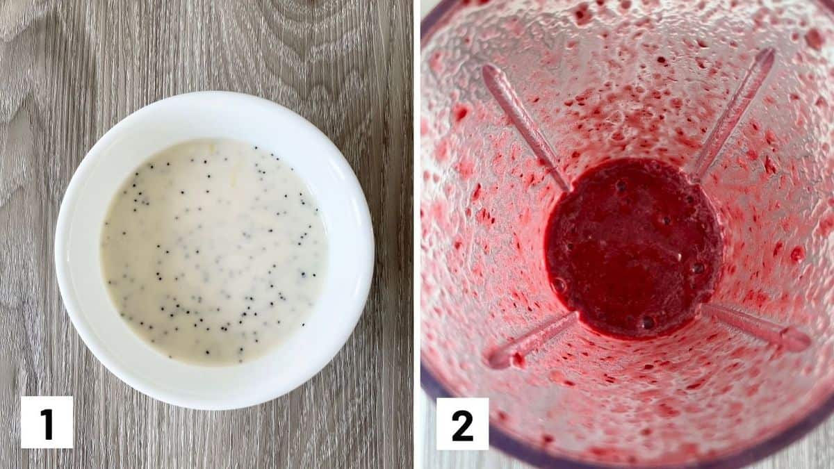 Set of two photos showing lemon, yogurt, and poppy seeds combined and then frozen cherries blended.