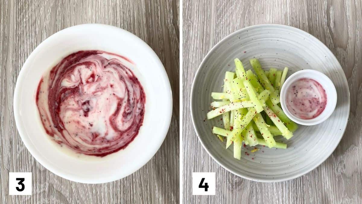 Set of two photos showing the cherry puree added to the yogurt sauce and then the final dish.