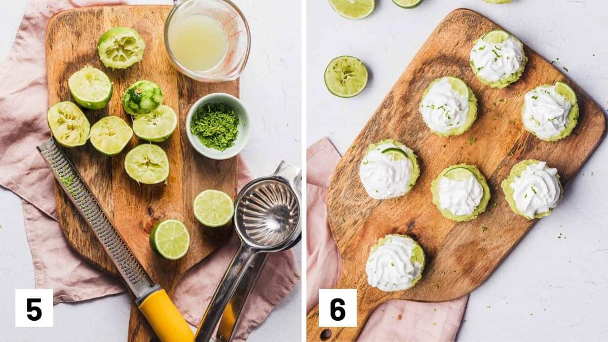 Set of two photos showing additional zest being made and then topping the mini pies with zest, cream, and lime wedges.