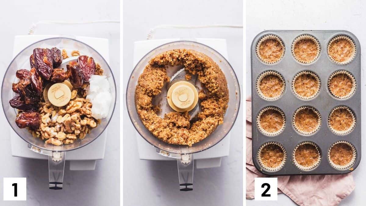 Set of three photos showing the before and after of the crust ingredients in a food processor and then pressed into a muffin tin.