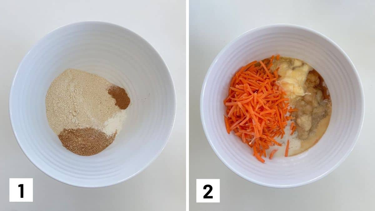 Set of two photos showing the dry ingredients being mixed with wet to form the batter.