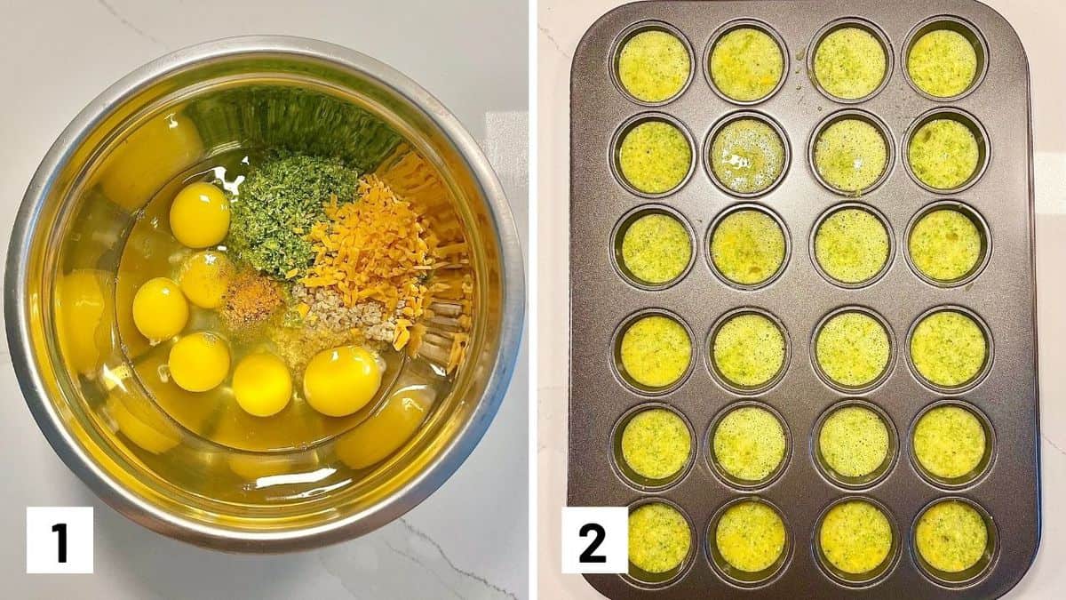 Set of two photos showing ingredients added to a bowl to be mixed then added to a muffin tin.
