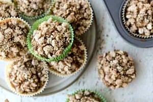 Pinterest graphic of several muffins on a plate, in the muffin tray, and more on the counter.