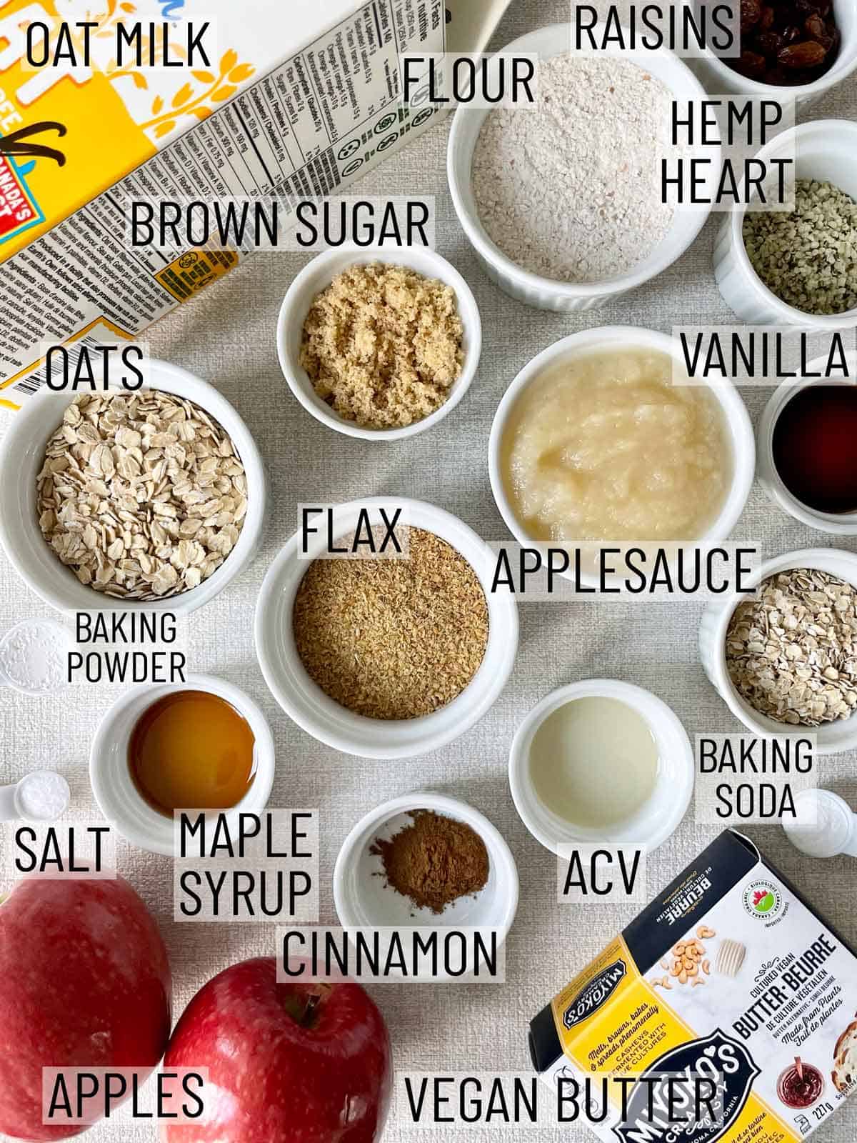 Ingredients needed for apple oatmeal muffins.