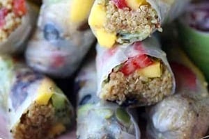 Pinterest graphic of a plate of fruit spring rolls.