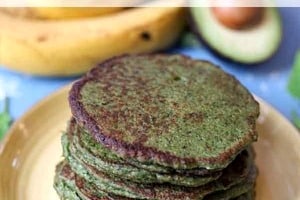 Pinterest graphic of a stack of green pancakes on a yellow plate.