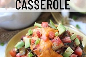 Pinterest graphic with a bowl of pasta casserole with the text overlay "easy vegan Mexican pasta casserole."