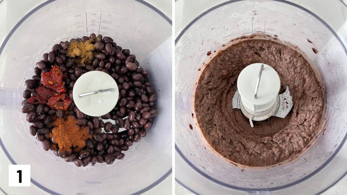 Set of two showing bean mixture before and after in a food processor.