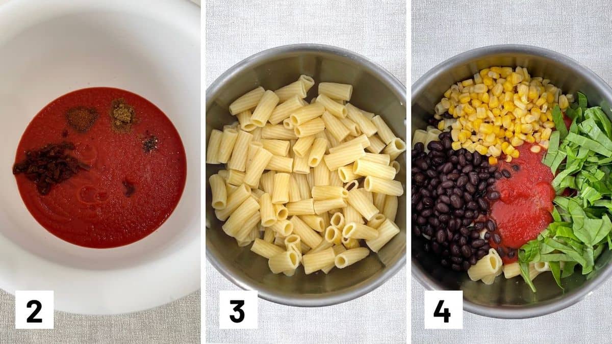 Set of three photos showing pasta sauce with seasoning, cooked pasta in a bowl, filling added to pasta.